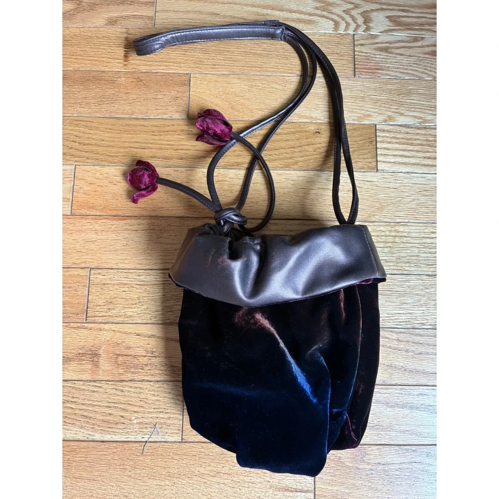 Italian Velvet Drawstring Pouch Bag Blue Burgundy Metallic Leather Floral Charm